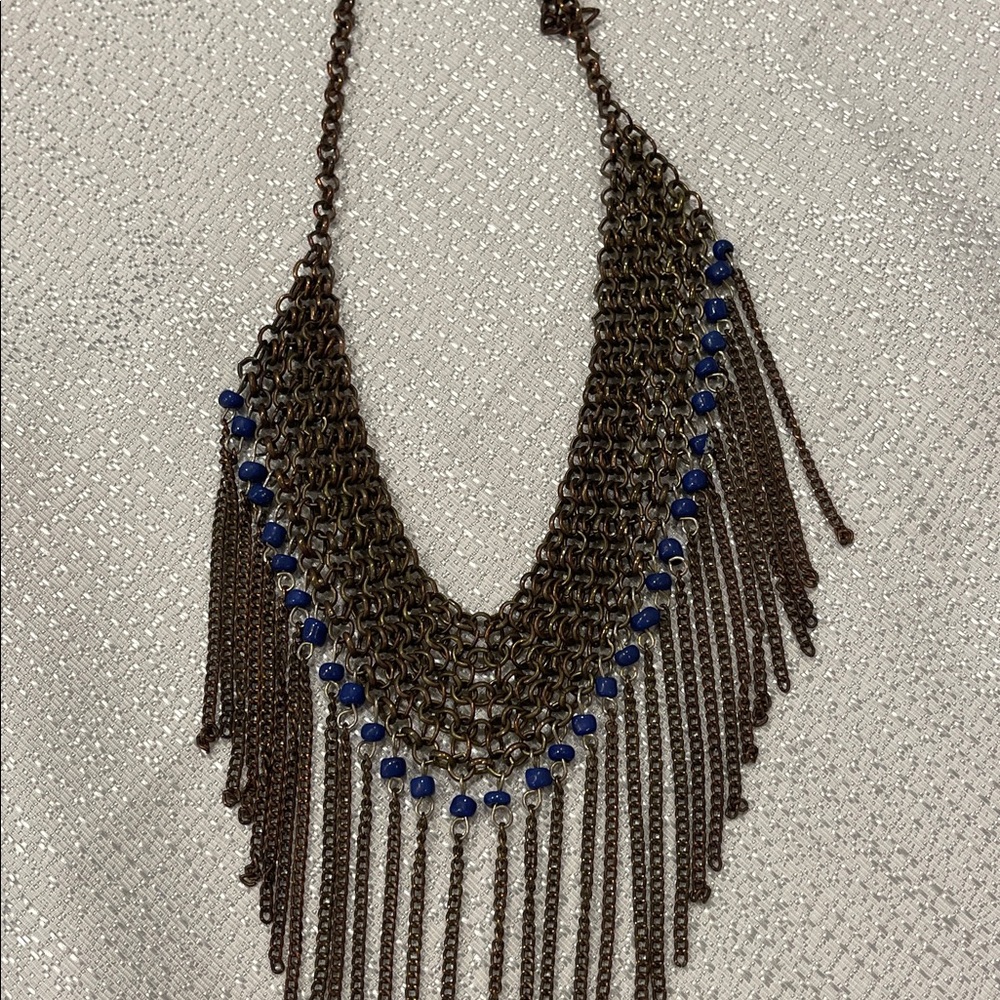 Bronzed Weaved Fringed Necklace with Blue Beads